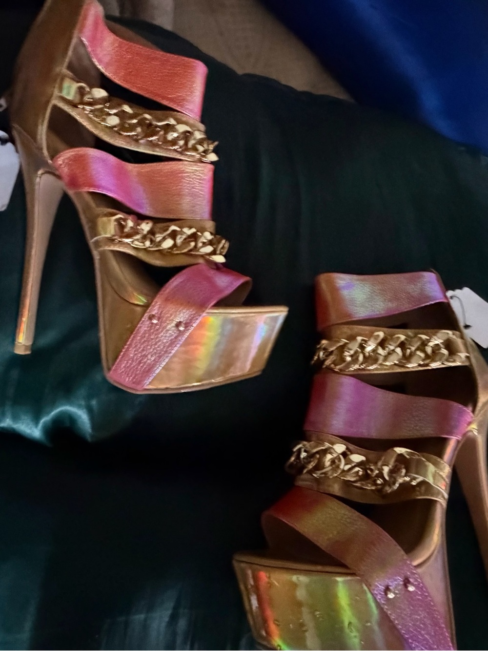 Shoe Republic LA Iridescent Pink and Gold Chain Platform Heels